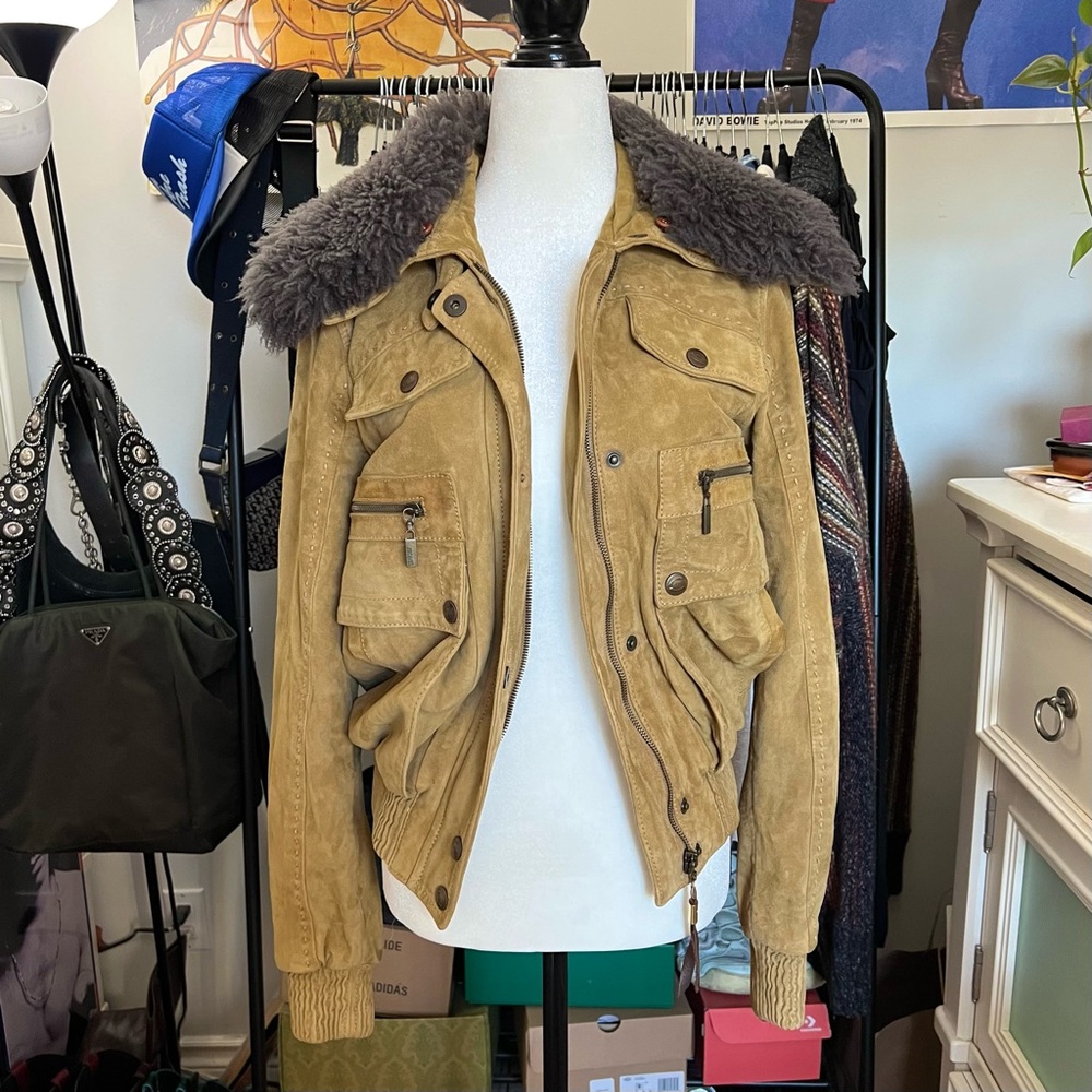 vintage Y2K Roberto Cavalli ‘just cavalli’ suede bomber w sheepskin collar